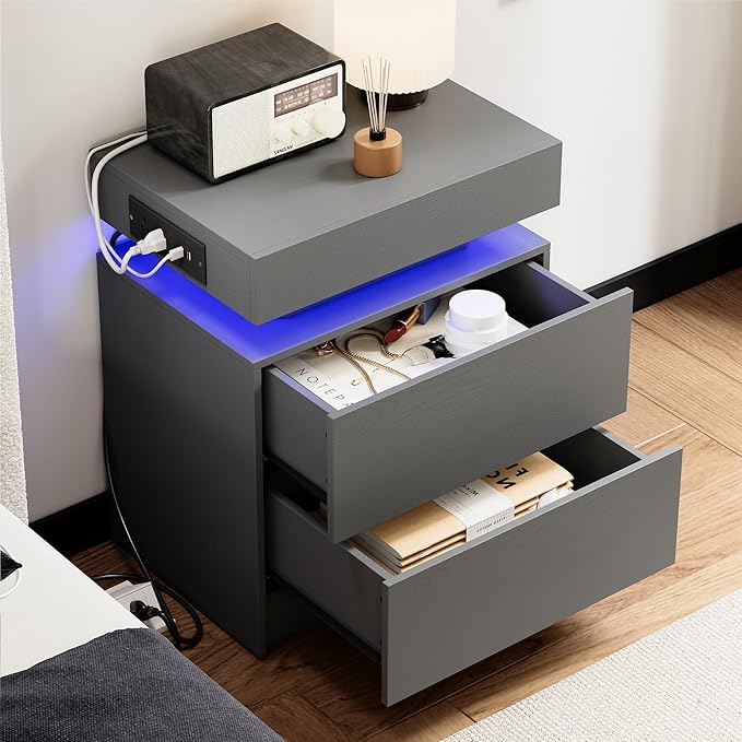 LIKIMIO Night Stand with Charging Station, Modern Grey Nightstand with LED Light and Drawers, Bedside Tables/End Table for Bedroom