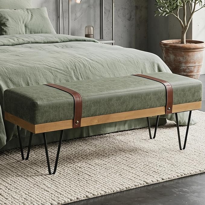 DUOMAY Industrial Modern PU Rectangle Ottoman Bench with PU Strap and Metal Legs, Mid Century Dining Table Bench Footstool Entryway Shoe Bench for Bedroom Dining Room Living Room, Green