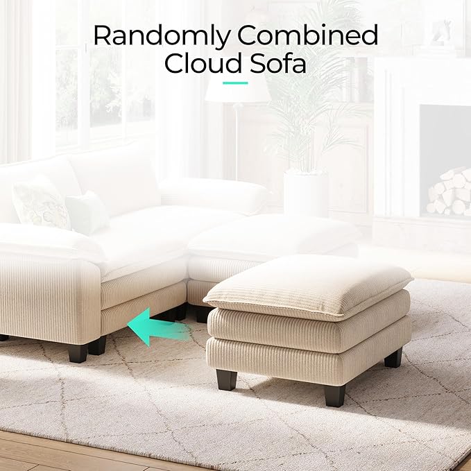 LINSY HOME 90" Modular Cloud Love Seat Sofa, Corduroy Soft Sectional Couch, Modern Comfy Love Seat with 2 Movable Ottoman, Perfect for Living Room, Apartment, Office, Beige