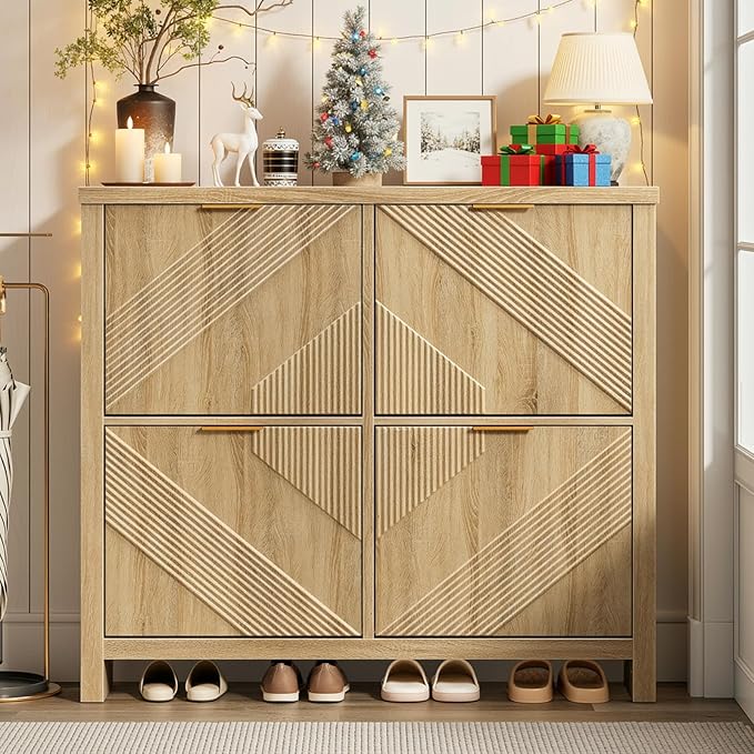 ONBRILL Shoe Cabinet with 4 Flip Drawers, 16-24 Pairs Shoe Organizer with Symmetric Groove Pattern, Freestanding Slim Hidden Shoe Storage Cabinet for Entryway, Hallway (Natural Oak)