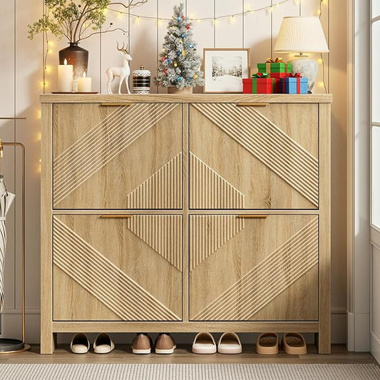 ONBRILL Shoe Cabinet with 4 Flip Drawers, 16-24 Pairs Shoe Organizer with Symmetric Groove Pattern, Freestanding Slim Hidden Shoe Storage Cabinet for Entryway, Hallway (Natural Oak)