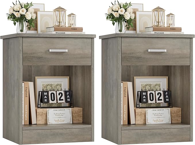 FOTOSOK Nightstand Set of 2, 2-Tier Side Table with Drawer and Storage Shelf, Bedside Table End Table, Modern Night Stand for Bedroom, Home Office,Vintage Grey