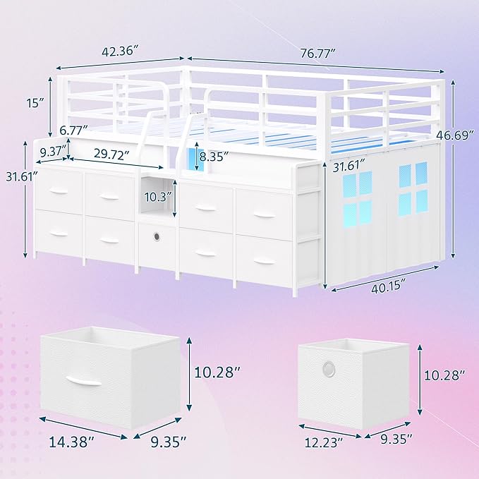 Dnxao Low Loft Bed Twin with 9 Drawers 2 Storage Bookcases,Twin Bed Frame for Kids with LED Lights and Charging Station,Twin Loft Bed with 15" H Safety Guardrail for Small Bedroom,White
