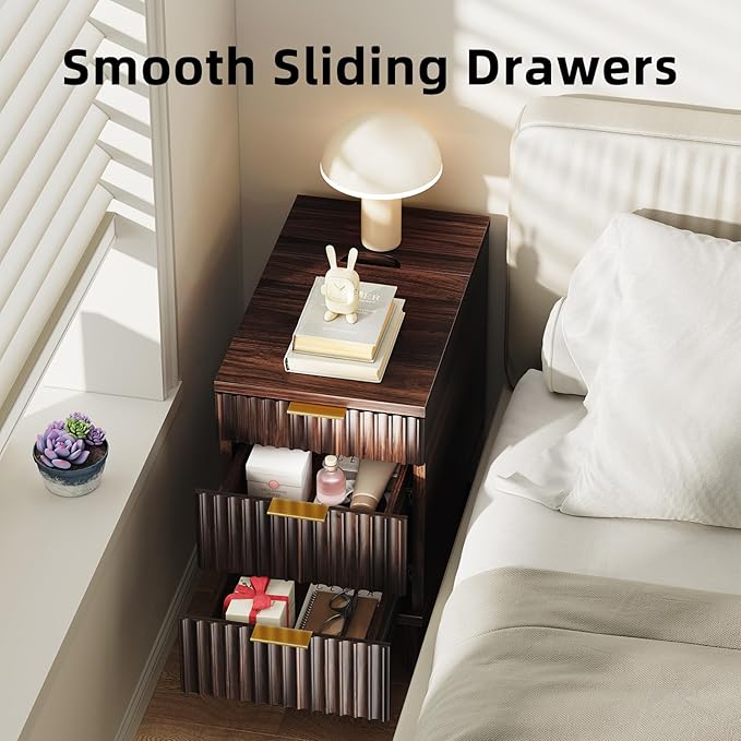 Kalrin Charging Nightstand with Hidden Outlets & 3 Drawers, Modern End Table, Bedside Table with USB Ports, Wave Groove Design, Compact Size, Heavy Duty Engineered Wood, Vintage Brown
