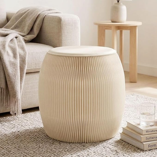 Drum-Shaped Collapsible Accordion Folding Stool, 660lbs Weight Capacity Kraft Paper Ottoman Seat with Cushion, Portable Space-Saving Foot Rest Stool for Home, Dorm & Office (15 Inch, White)
