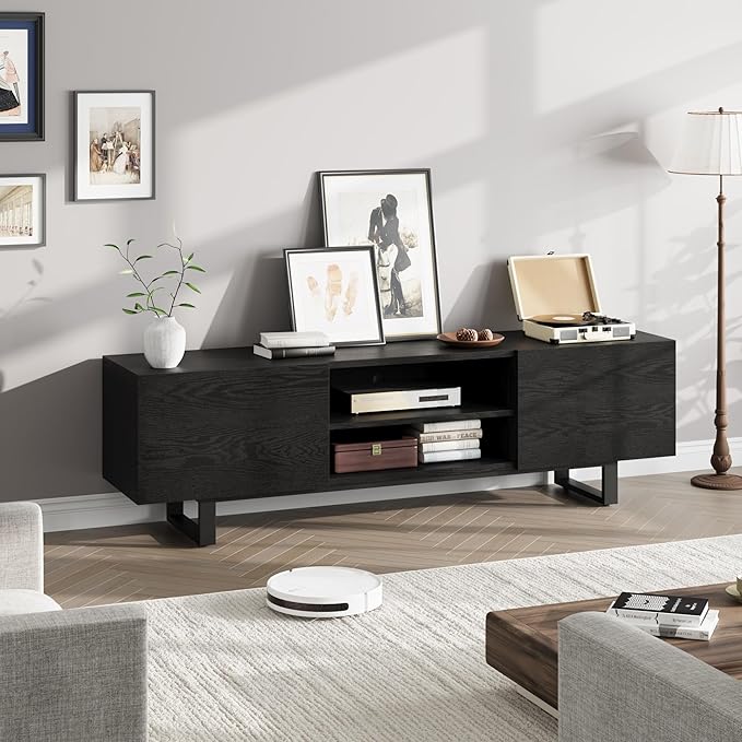GarveeHome Industrial TV Stand for 80 in, Modern Entertainment Center with 2 Drawers, Wooden Media Cabinet with Heavy Duty Leg and Open Storage, TV Console Table for Living Room, Black