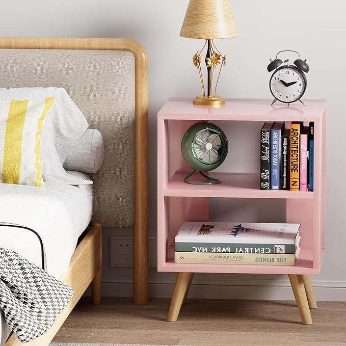 Aenuert Night Stand, Pink Kids Nightstand, Modern End Table with Open Storage, 2-Tier Nursery Bedside Table for Small Space, Living Room, Bedroom