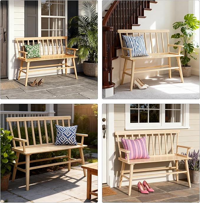 Dining Bench for Kitchen & Dining Room – Bamboo Wood Bench with Spindle Back & Armrests, Farmhouse Entryway Bench, Indoor Bedroom Bench, Versatile Entry Bench & Outdoor Bench Seating（Natural with Arm）