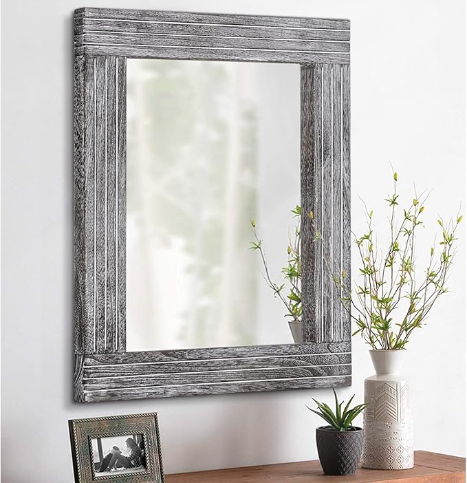 Wall Mirror Rustic Wooden Frame Rectangle Mirror Vintage Hanging Mirror for Bedroom Bathroom Living Room Farmhouse Wall Decor Large 26" x 18"