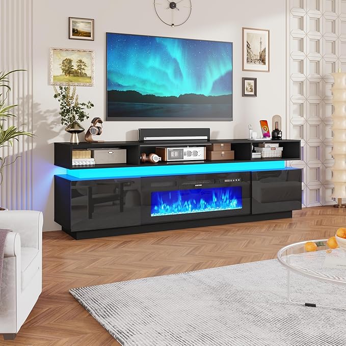 chartustriable Fireplace TV Stand for 95" TV, 83" LED Entertainment Center with 40" Fireplace & Power Outlets, High Gloss TV Stand, Gaming TV Media Console for Living Room, 83 Inch, Black