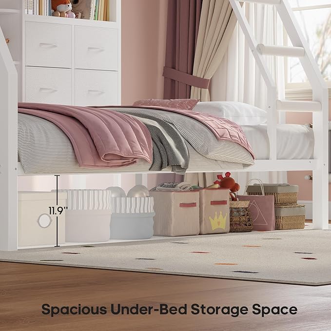 BTHFST Bunk Bed Twin Over Twin with 4 Storage Drawers & Shelves & Bedside Caddy, Twin Bunk Beds with Charging Station & LED Lights, Metal Loft Bed with Safety Guardrail & Angled Ladder for Kids, White