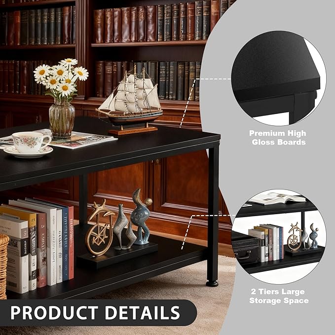 SUPER DEAL 2-Tier Coffee Table with Storage Shelf for Small Apartment Living Room, Rectangle Wood and Stable Metal TV Stand Side End Table, Black