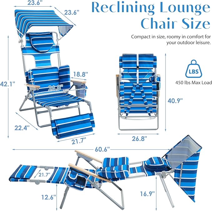 5-Positon Backpack Beach Chair, Portable Folding Tanning Chair, Double Shoulder Straps Beach Lounge Chair with Footrest, Face Hole, Towel Bar (Blue White, 60.6" with Canopy (Set of 2))