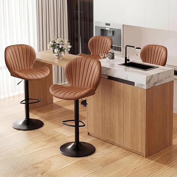 GRUSIGN Bar Stools Set of 4, Modern Swivel Adjustable Bar Chairs, Faux Leather Upholstered Counter Height Bar Stools with Backrest, Comfort Barstools for Kitchen Island, Home Bar, Brown