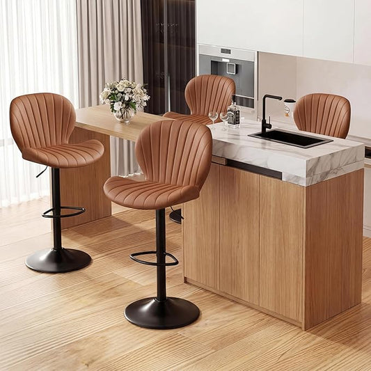 GRUSIGN Bar Stools Set of 4, Modern Swivel Adjustable Bar Chairs, Faux Leather Upholstered Counter Height Bar Stools with Backrest, Comfort Barstools for Kitchen Island, Home Bar, Brown