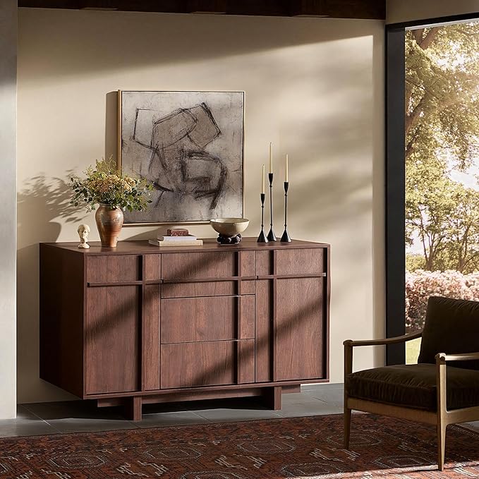 Sideboard Buffet Cabinet with Storage, 47.2" Large Sideboard with 2 Doors& 3 Drawers, Mid Century Modern Credenza with Skeleton line&Wood Grain for Living Room, Kitchen and Entryway, Walnut