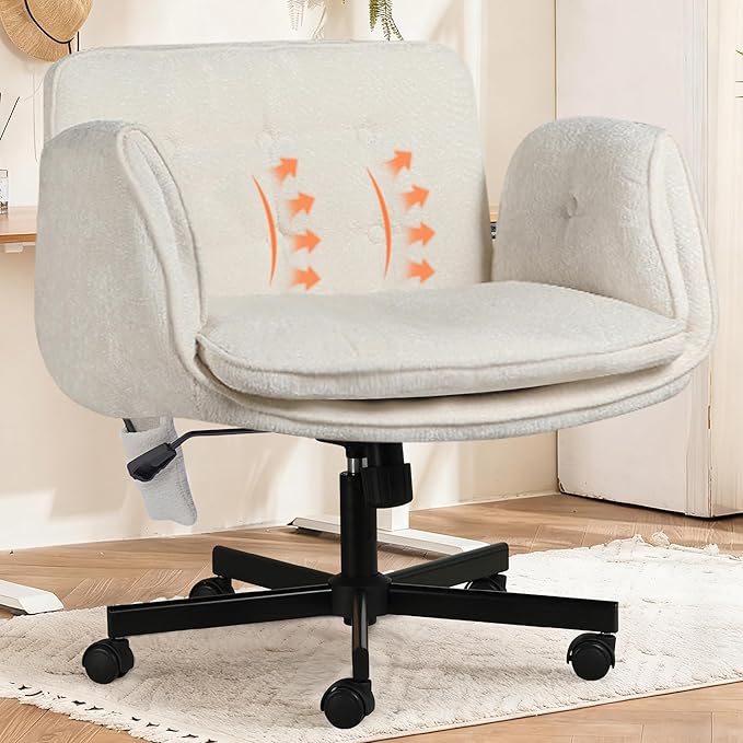 Criss Cross Chair with Lumbar Airbag & Folding Arms Relieve Back Pain, Wide Cross Legged Office Chair for Home Office, Comfy Swivel Desk Chair with Wheels, 5 Level Adjustable Armrest, Chenille(White)