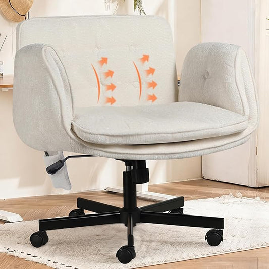 Criss Cross Chair with Lumbar Airbag & Folding Arms Relieve Back Pain, Wide Cross Legged Office Chair for Home Office, Comfy Swivel Desk Chair with Wheels, 5 Level Adjustable Armrest, Chenille(White)