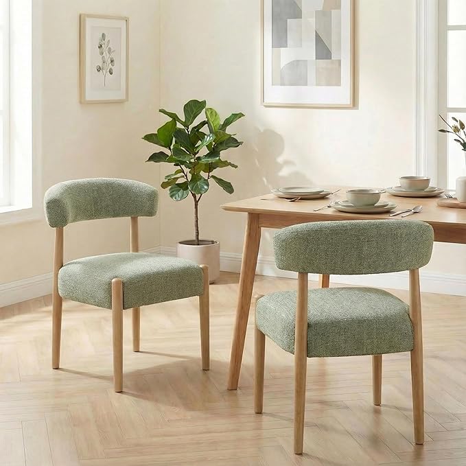 VKNOW Upholstered Dining Room Set for 6, Mid-Century Modern Dining Chairs Set of 4 and Dining Bench with Rubberwood Legs, for Dining Room, Living Room, Kitchen, Green