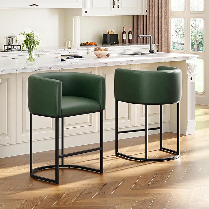 26" H Counter Height Bar Stools Set of 2, Modern Barrel Counter Stools with Backrest and Arms, Faux Leather Upholstered Accent Barstools for Kitchen Island,Support 450 LBS (Green)