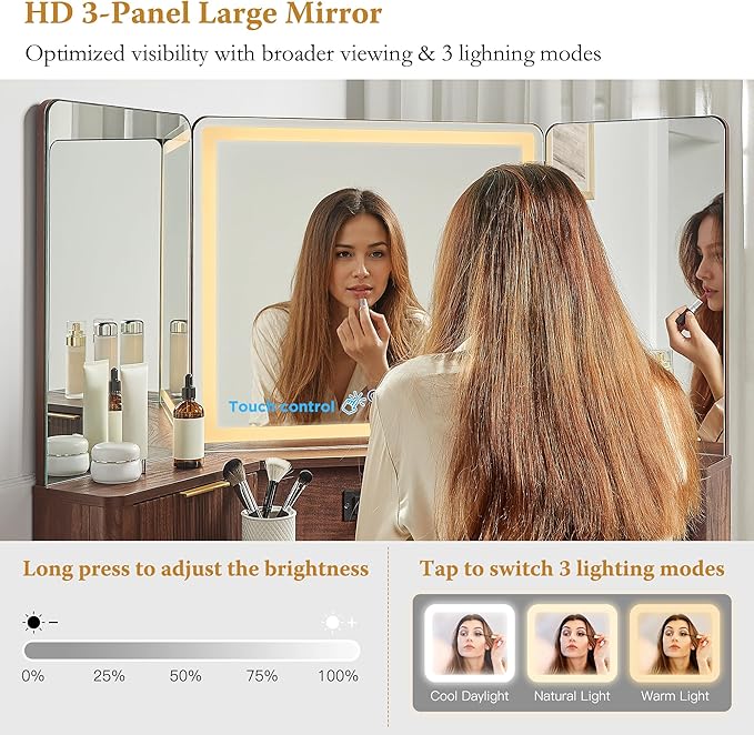 T4TREAM 48" Fluted Makeup Vanity Desk with HD Triple Mirror and Lights, Large Lighted Corner Vanity with Glass Top, Modern Dressing Table with 3 Drawers & 2 Cabinets for Bedroom, Dark Walnut