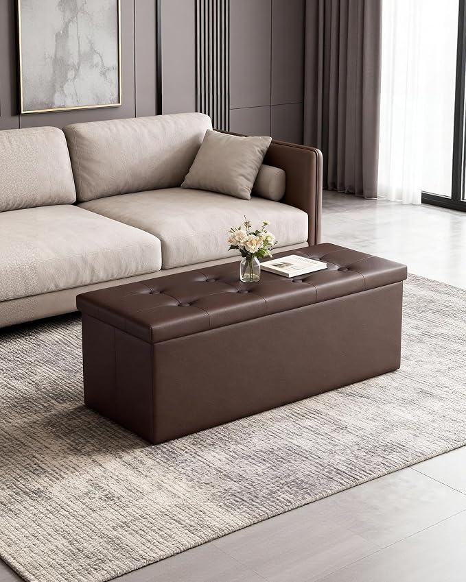 LITZFUR 43 Inches Folding Storage Ottoman Bench, PU Leather Storage Chest, Footrest Padded Seat for Bedroom and Hallway, Holds up to 660 lbs, Brown
