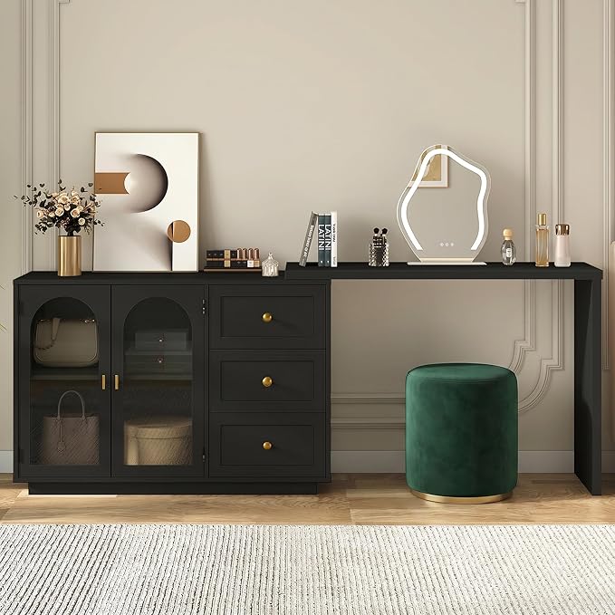 RoyalCraft 83" Makeup Vanity Desk, Black Vanity Dresser, L Shaped Corner Vanity Table with 3 Drawer & 2 Door, Modern Extendable Dressing Table for Bedroom, Dressing Room, Small Space (Without Mirror)