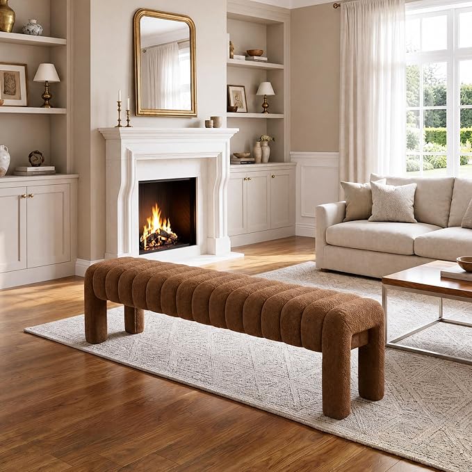 63’’ Bedroom Bench, Upholstered End of Bed Bench with Solid Wood Legs, Modern Cushioned Dining Bench with Full Covered Fabrics for Entryway, Bedroom, Living Room (Rust Brown, Boucle)