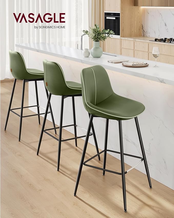 VASAGLE Bar Stools Set of 4, Bar Height Bar Stools with Back, Ergonomic Backrest, Synthetic Leather, Metal Legs, 28.5-Inch Tall Barstools for Kitchen Island Home Bar, Easy Assembly, Forest Green