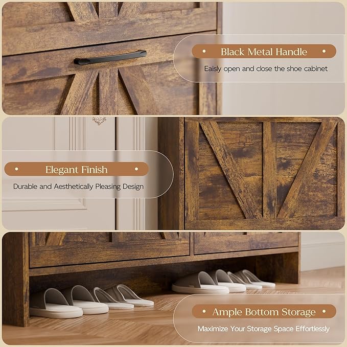 MU Shoe Storage Cabinet with 4 Flip Drawers, Freestanding Shoe Cabinet, Shoe Organizer with Wood Legs for Entryway, Slim Shoe Cabinet, Rustic