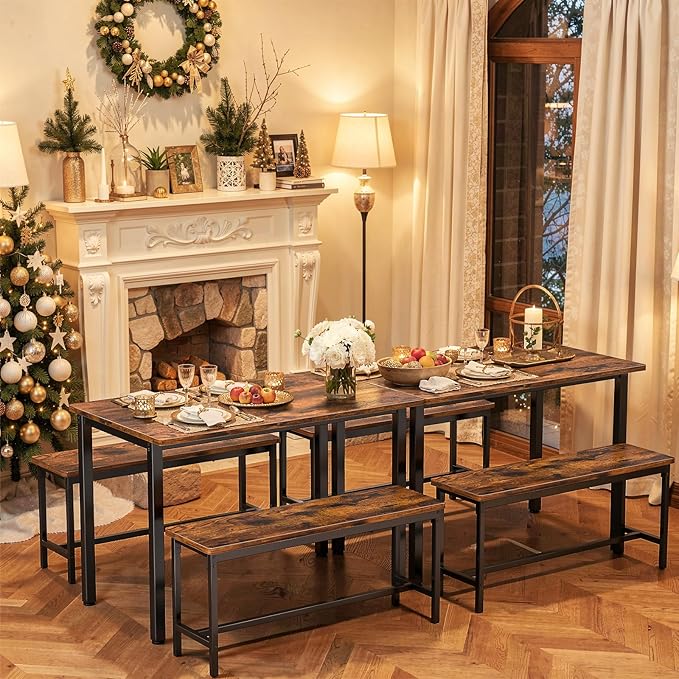 Dining Table Set for 4, Kitchen Table with 2 Benchs, Modern Functional 3-Piece Dining Room Table for Apartment Breakfast Nook and Samll Space, Brown