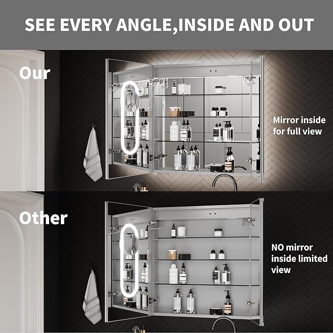 ExBrite 30 x 32 Lighted Medicine Cabinet with Mirror, Front&Backlit led Medicine Cabinet,Defog,5X Magnifier,3 Colors Temper Dimmable,Surface or Recessed Mount,Door Wide Open