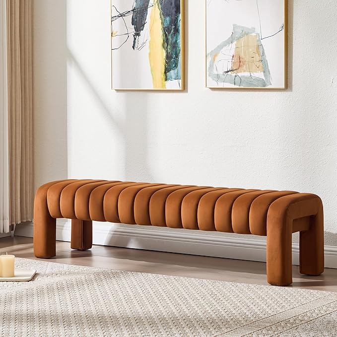 63’’ Bedroom Bench, Upholstered End of Bed Bench with Solid Wood Legs, Modern Long Dining Bench with Full Covered Fabrics for Entryway, Bedroom, Living Room (Brown, Velvet)