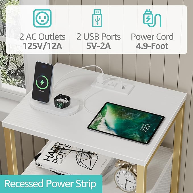 BOLUO Gold Nightstand with Charging Station, LED Night Stand with 2 Fabric Drawers, Bedside Table with USB Ports and Outlets, Nightstand for Bedroom Modern
