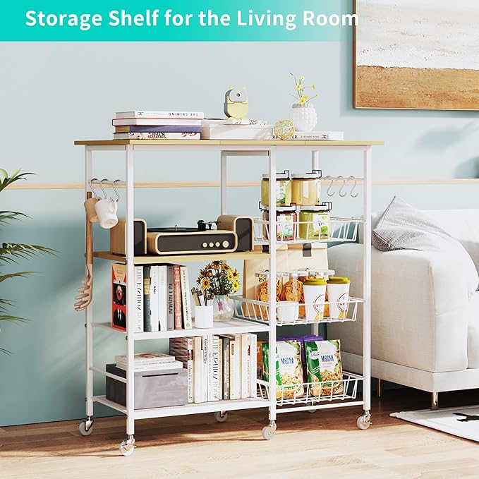 HapiRm Rolling Kitchen Microwave Cart - 4 Tier Microwave Table Stand with Pull-Out Baskets, Coffee Bar Baker's Rack with Wheels Rolling Storage Cart Organizer Shelf for Living Room Office, Balcony