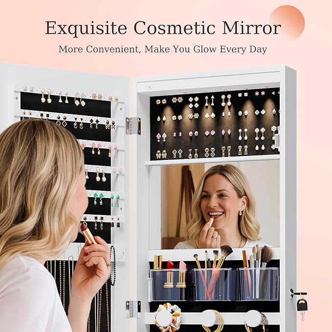 Unisakey Mirror Jewelry Cabinet,Lockable Wall or Door Mounted Jewelry Armoire Organizer With Built-up Mirror,LED Lights, Drawers,Cosmetic Trays,Shelves, 14.4"x3.15"x 43.1"（White）