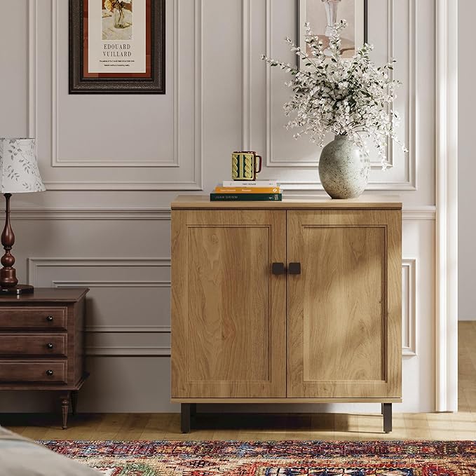 FENSULN Buffet Sideboard Cabinet Farmhouse Modern Storage Cabinet with Adjustable Shelves for Kitchen, Coffee Bar, Living Room, Oak