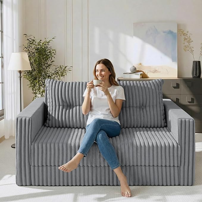 HABUTWAY 49.8" Loveseat Boneless Couch, 4-in-1 Convertible Sofa Bed, Plush Fur Folding Futon Sofa Bed Couches with a Pillow for Living Room, High-Density Foam Support, No Assembly Required, Light Grey