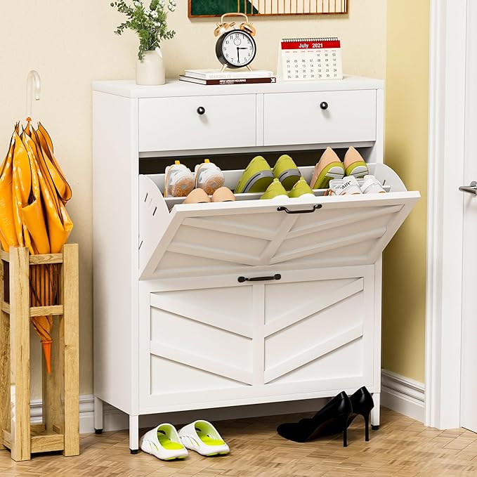 Metal Shoe Storage Cabinet for Entryway,White Shoe Cabinet with 2 Flip Drawers & 2 Top Drawers Hidden Slim Shoe Organizer Rack Freestanding Narrow Entrance Shoe Cabinet with Leg for Hallway Front Door