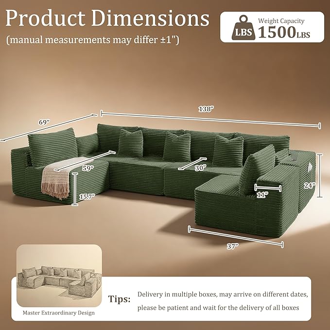 138" Cloud Sectional Couch, Comfort U Shaped Sofa for Living Room, Extra Deep Seats No Assembly, Minimalist Modular Couch, Corduroy (Olive Green, 6 Seats,U-Shape B)