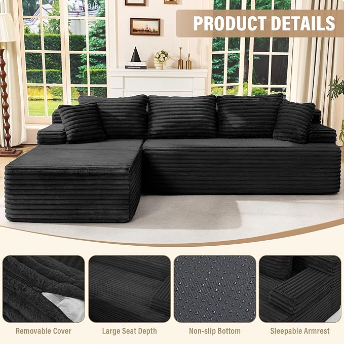 Hobestluk Modular Sectional Sofa Boneless Couch L-Shape Couch 3 Seat Modular Couch Memory Foam Sectional Couches for Living Room Furniture, Cloud Couch with Oversized Chaise (108" Left Facing Chaise)