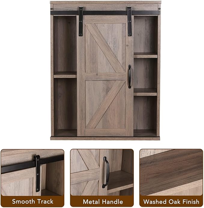 RUSTOWN Farmhouse Wood Wall Storage Bathroom Cabinet with Sliding Barn Door, Rustic Medicine Cabinet with Adjustable Shelf, 3-Tier Vintage Cabinet for Kitchen, Bathroom, Living Room (Washed Oak)