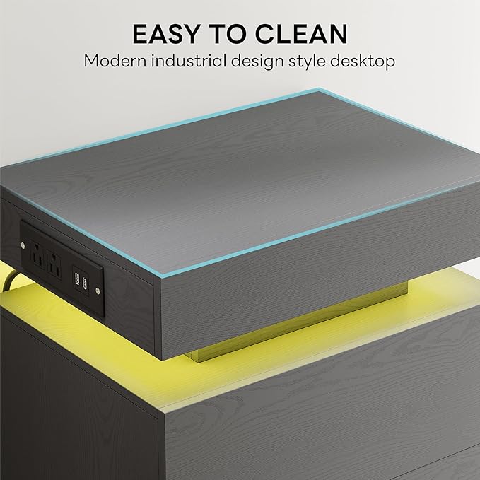 LIKIMIO Night Stand with Charging Station, Modern Grey Nightstand with LED Light and Drawers, Bedside Tables/End Table for Bedroom
