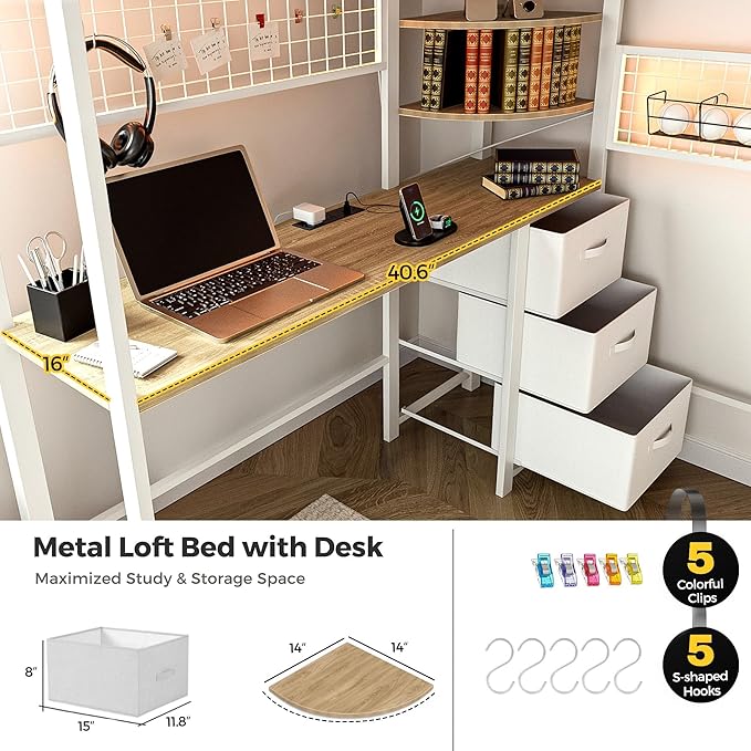Kikihouse Twin Loft Bed with Desk, Storage Stairs & Wardrobe, Metal Loft Bed Frame w/Headboard, Bedside Shelf, Charging Station & 6 Drawers, LED Gaming Bed for Adult Space-Saving