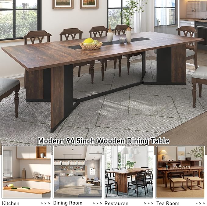 Hlivelood 94Inch Large Dining Table for 8 10 People,Wooden Rectangular Kitchen Table W/Waterproof Tabletop,Large Rectangle Furniture W/Adjustable Legs,Brown Dinner Table for Kitchen Dining Room(94IN)