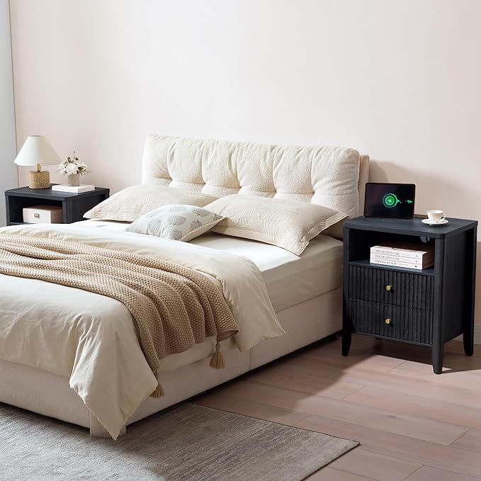 Fluted Nightstand with Charging Station, 21" Wide Modern Bedside Table with 2 Drawers & Open Shelf, Wood End Table with Storage & Metal Handle for Bedroom, Living Room, Small Spaces, Black