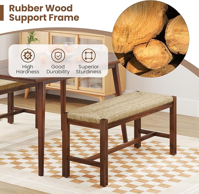 Giantex 40" Dining Bench with Woven Seagrass Woven Seat, Rubber Wood Legs, 350 Lbs Capacity, 40" x 14" x 18" Entryway Bench for End of Bed, Dining Room, Hallway, Living Room, Bedroom, Entry (2)