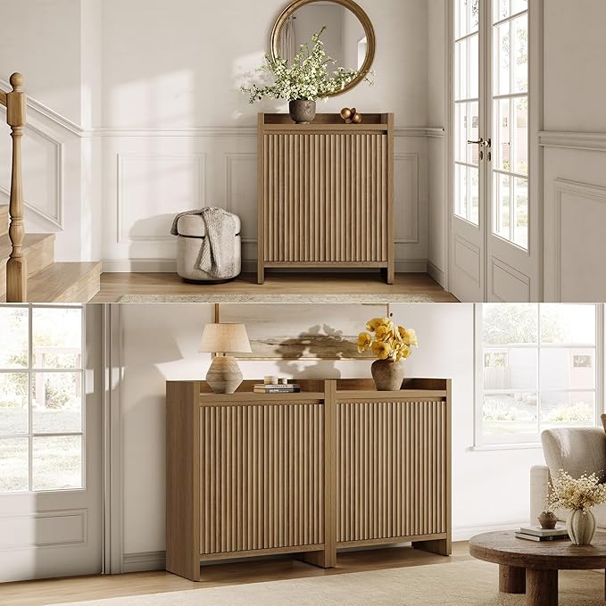 SICOTAS Shoe Cabinet - Fluted Shoe Storage Cabinet for Entryway, 48-Pair Shoes Organizer with Doors & Adjustable Shelves, 2 Pieces Large Shoes Rack Entrance Storage Cabinet for Hallway, Living Room