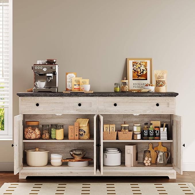 IRONCK Buffet Cabinet with Storage, Sideboard Storage Cabinet with Drawers, Coffee Bar Cabinet, Kitchen Cabinet with Doors, Charcoal Grey and Beige Maple