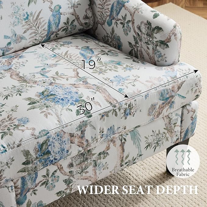 Bezseller Modern Accent Chairs Set of 2, Upholstered Reading Armchair with Wood Legs, Mid-Century Leisure Comfy Single Sofa Chair for Living Room, Bedroom, Home, Office, White Floral